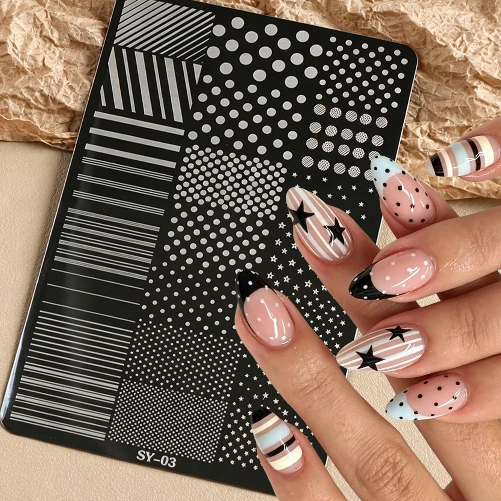 1 Stück Streifen-, Punkte- und Stern-Nagelstempelplatte 14,5*9,5cm Streifenlinien Punkte Französische Nagelschablone Edelstahlschablone # – Detail 1