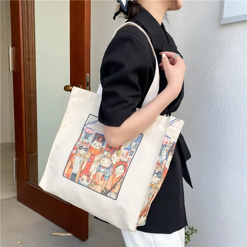 Canvas Shoulder Bags for Women 2022 Ladies Casual Handbag Tote Large Capacity Cotton Reusable Oil Painting Shopping Beach Bag