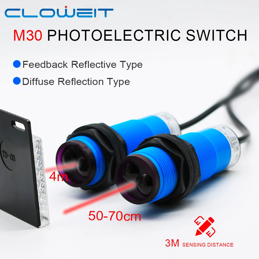 Cloweit M30 Infrared 50cm 70cm 3m 4m Detection Photocell Diffuse Reflect Feedback Photoelectric Sensor Proximity Switch NPN/PNP