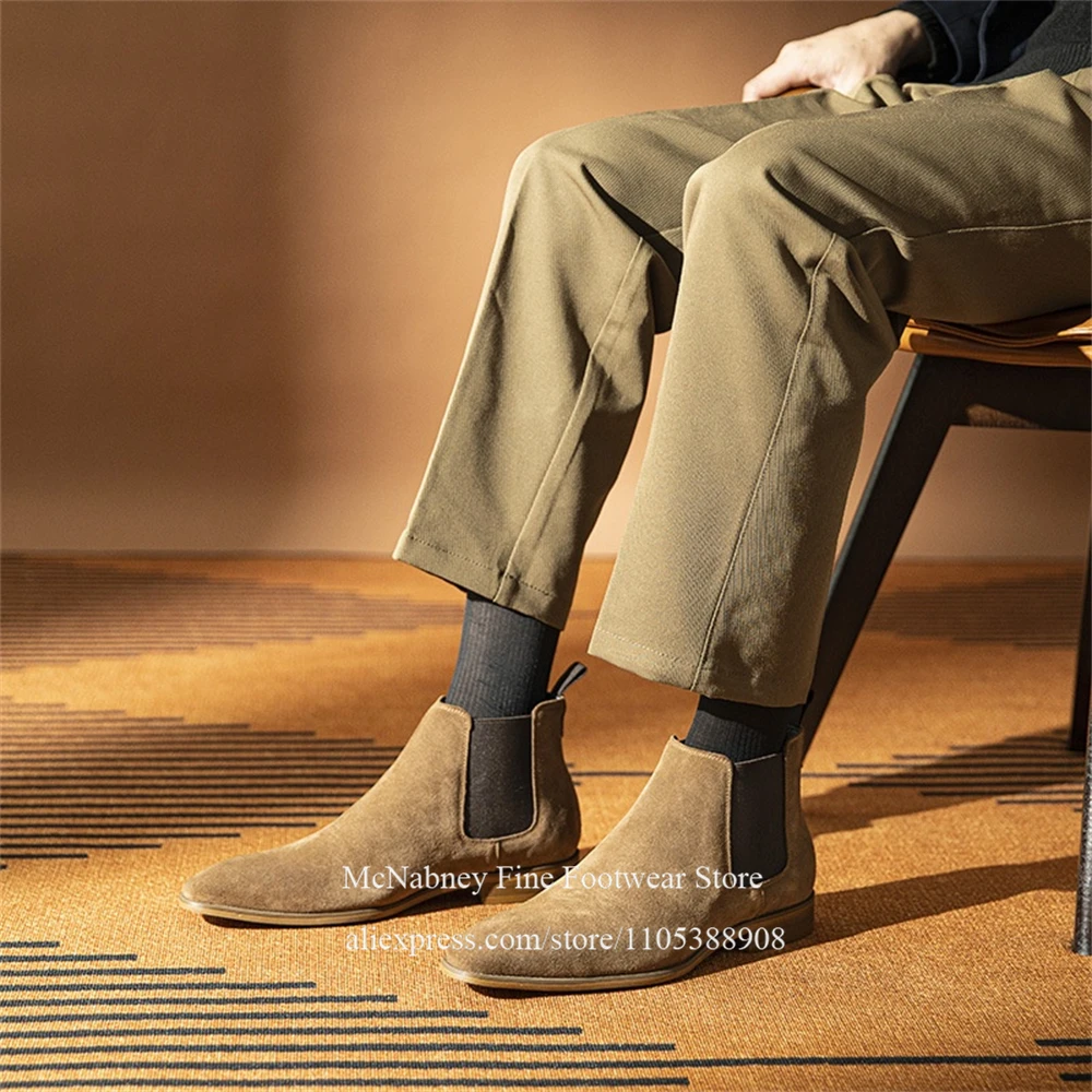 Suede Elastic Side Men Chelsea Ankle Boots Pointed Toe Low Block Heel Slip on Short Boots Elegant Retro Matte Business Casual