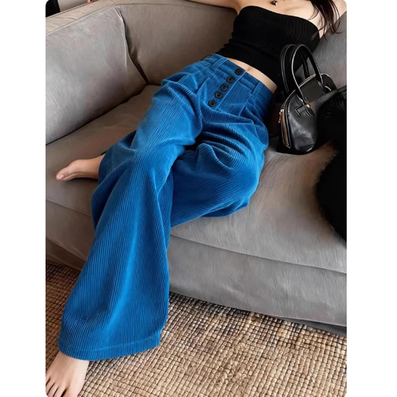 

Женские брюки из синего вельвета с высокой талией, широкими штанинами и пуговицами, весна-осень, повседневные брюки для женщин