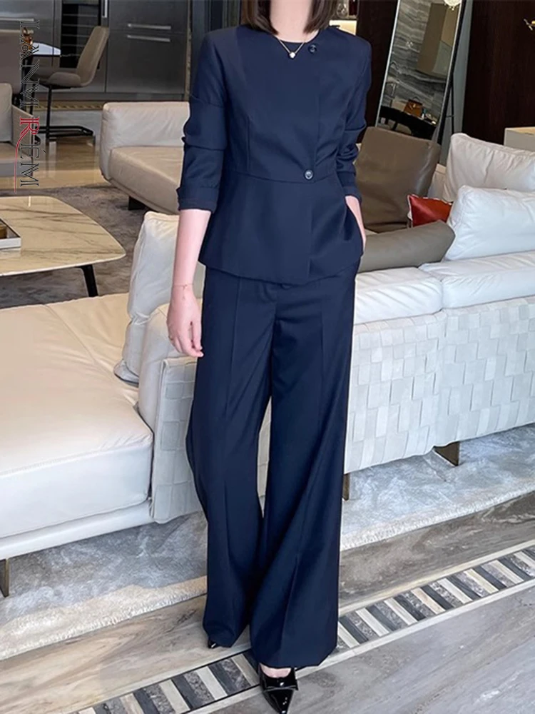 LANMREM Office Lady 2 Piece Set Women Round Neck Long Sleeves Blazer + Wide Leg Pants Fashion 2025 Spring New Clothing 2VV1990