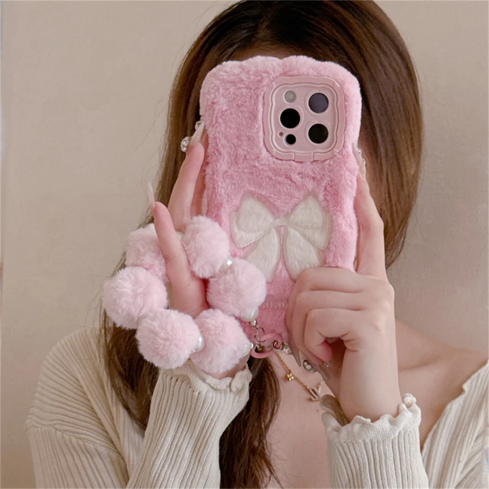 Plush Embroidered Cartoon Bow 3D With Strap Phone Case Plus Hole Lens Holder Protection Cover For Huawei P60 Pura 70 Mate 60 Pro