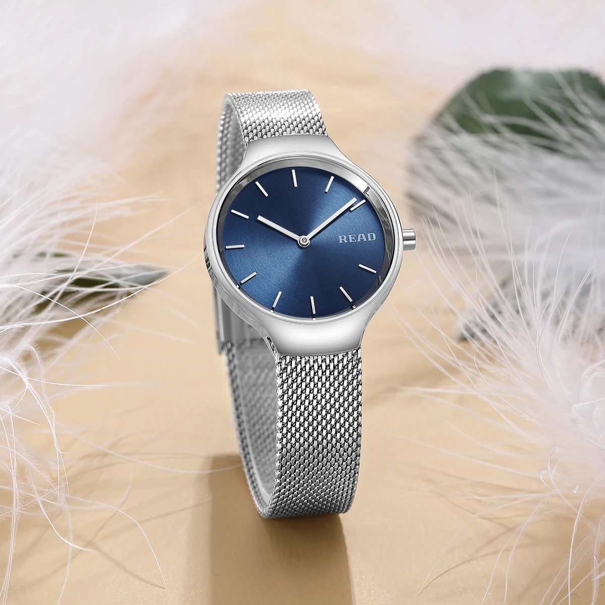 Women's Quartz Watch | Sunburst Blue Dial | Stainless Steel Mesh Band | Fold Clasp | Daily Water Resistant Slim Wrist Watch