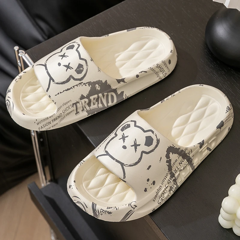 Fashion Summer Cartoon Bear Men Home Shoes Gent Non-slip Soft Indoor Slides Lithe Cosy Sandals Couple Slippers Women Flip Flops