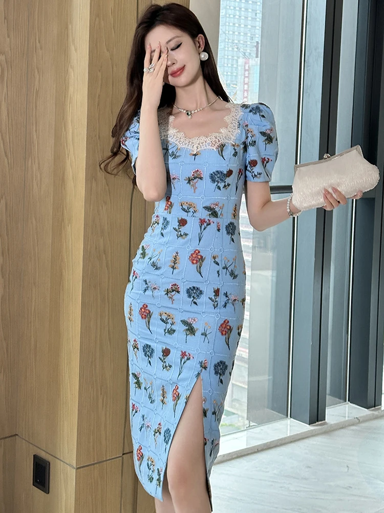 女性用ストリートウェア、ブルーの花柄刺繍入りパフスリーブ、スリムなミディ丈ペンシルドレス、エレガントなレディースファッション、パーティードレス、カジュアルな夏のワンピース