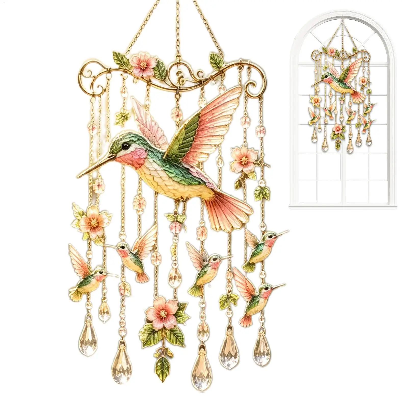 Humming Birds Painting Winds Chime With Crystal Pendants Colorful Bird Hanging Ornaments Creative Graceful Birds Winds Chimes