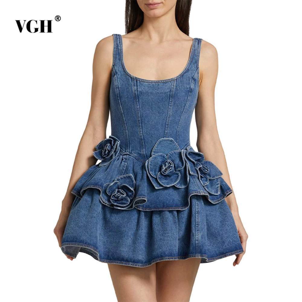 

VGH Solid Slimming Spliced Appliques Mini Denim Dresses For Women Square Collar Sleeveless High Waist Temperament Dress Female