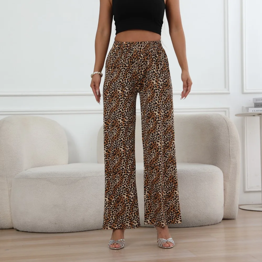 

Women's Leopard Print Elastic Waist Wide Leg Pants Fashion Loose Casual Comfy Trousers for Daily Wear Ladies Bottoms for Summer