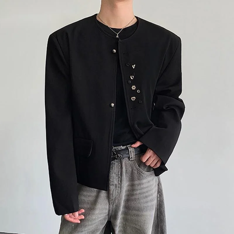 New Chinese Style Men's Blazers Solid Color Round Collar Button Decoration Single Breasted Loose Male Suit Jackets 9M5LP