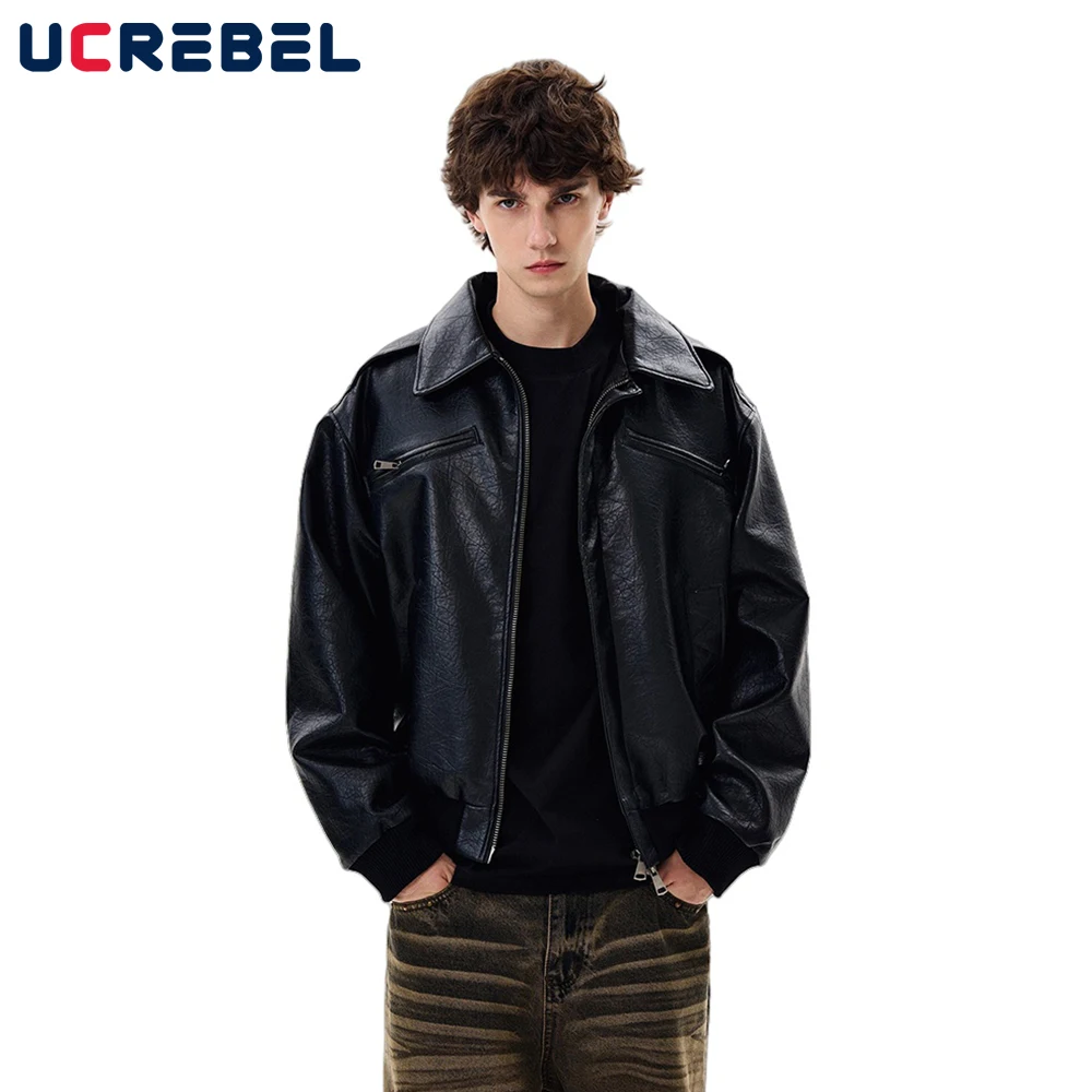 

Zipper Pocket PU Leather Jacket Mens High Street Autumn Winter Retro Lapel Long Sleeve Motorcycle Outerwear Man