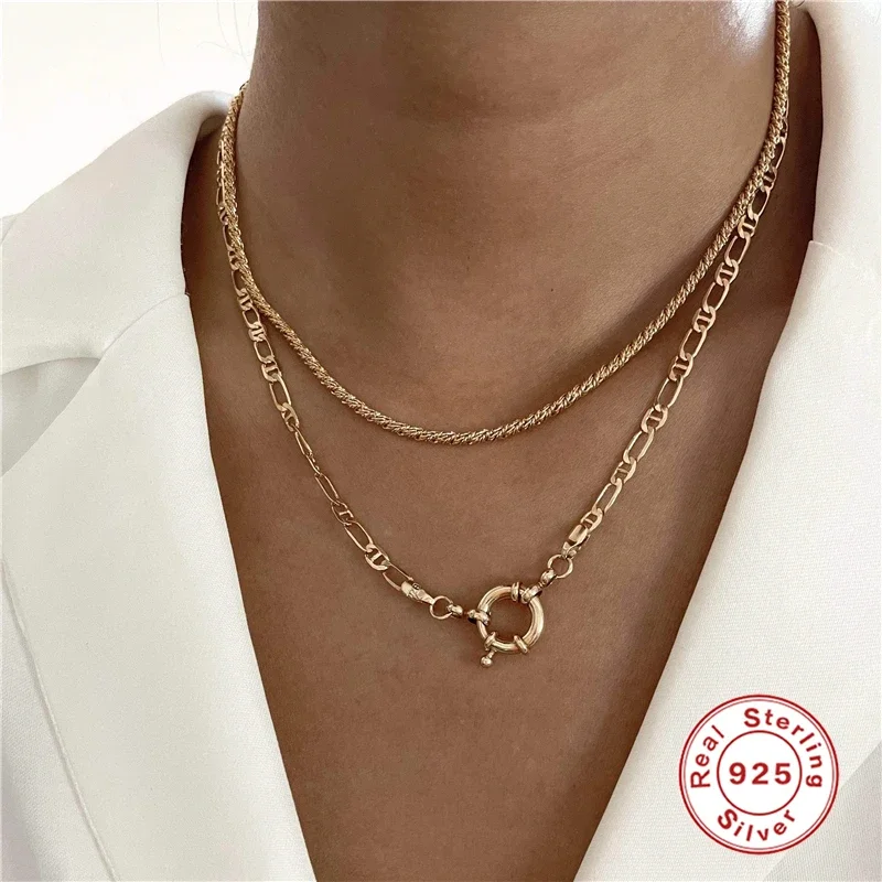 KO 925 Sterling Silver Necklace for women Golden Exaggerated Hip Hop Necklace Versatile Hoodie Clavicle Chain Famale Jewelry