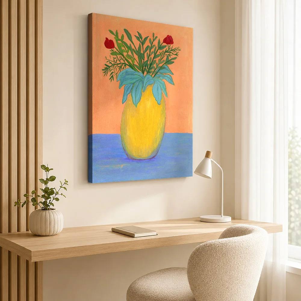 Yellow Vase With Red Flowers Canvas Poster Customized Photo Painterly Wall Art For Florist Studio, Botanical Enthusiast Gift