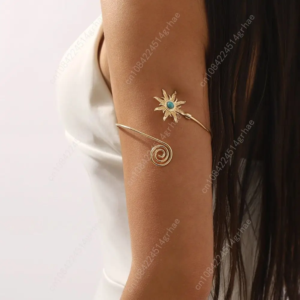 بسيطة سبيكة الذراع الكفة الشمس الفيروز الكفة الإسورة للنساء المعصم التبعي تويست خط واسعة مفتوحة الذراع الكفة النساء #2