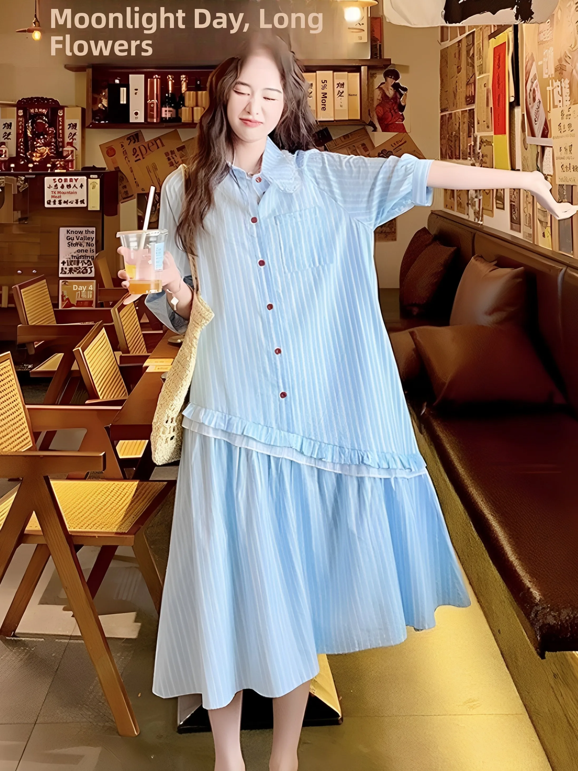 

plus Size 300 Pounds Blue Striped Collar Short Sleeve Shirt Dress Women Summer Casual Slimming Loose Skirt Korean Style