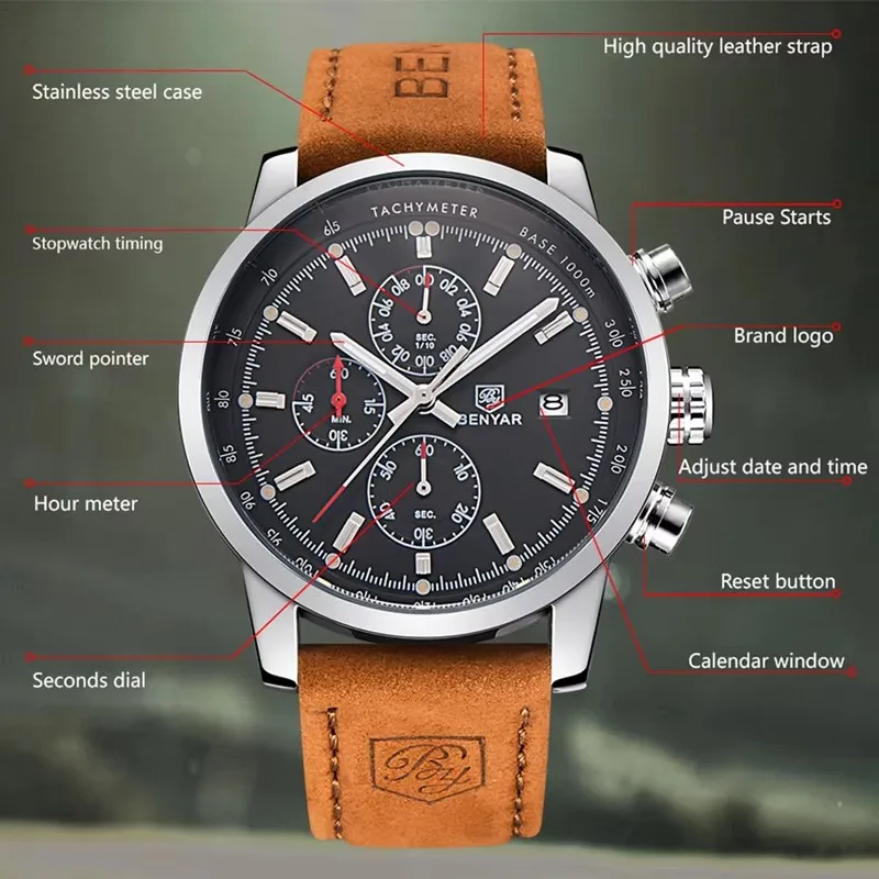 BENYAR Watches Men Luxury Brand Quartz Watch Fashion Chronograph Watch Reloj Hombre Sport Clock Male Hour Relogio Masculino 2023
