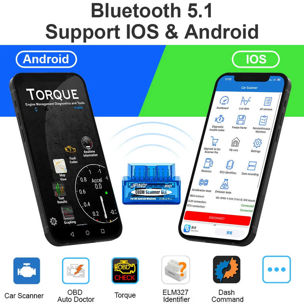 JFIND ELM327 V1.5 PIC18F25K80 Bluetooth 5.1 OBD2 Auto Scanner For Android IOS Code Reader OBDII Car Diagnostic Tool