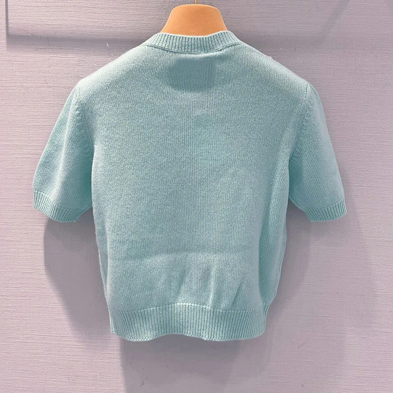 Short knit shirt hand-stitched drill style round neck short-sleeved shirt chic atmosphere to wear with the new winter style