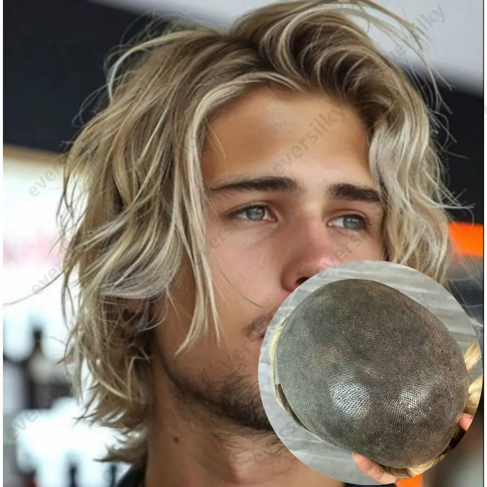 30mm Wellig/Glatte Super Natürliche Haarlinie 4T613 # Ombre Blonde Unentdeckbare 0,06mm Dünne Haut V-Loop Herren-Toupet Echthaar-Perücken – Detail 2