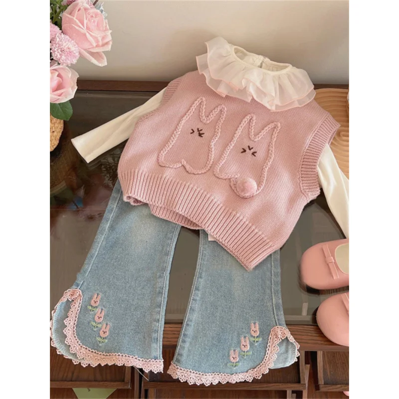 High-End Children's Clothing2024Spring New Knitted Vest Sweet Cute Rabbit Outer Wear Waistcoat Vest