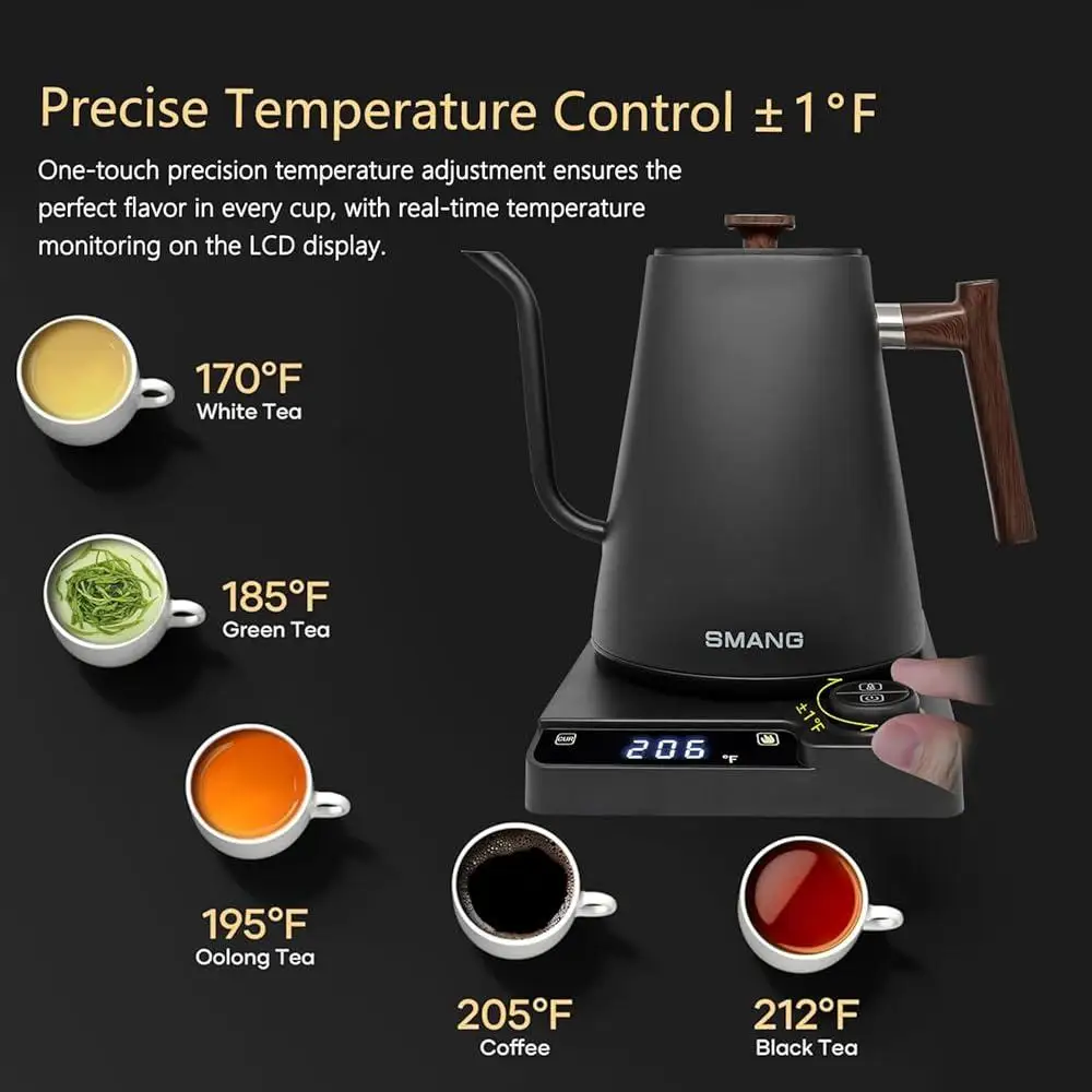 구즈넥 전기 주전자 1200W 온도 조절 ±1 ° F 급속 가열 정밀 커피 및 차 304 스테인레스 스틸