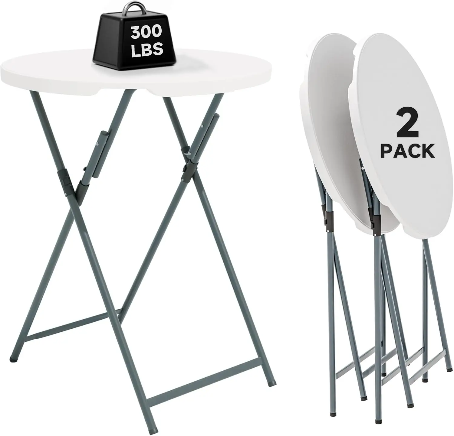 32 Round Folding Cocktail Table HDPE Top Steel Frame Stable Simple Clean High Top Table Parties Patio Events 2 Pack White
