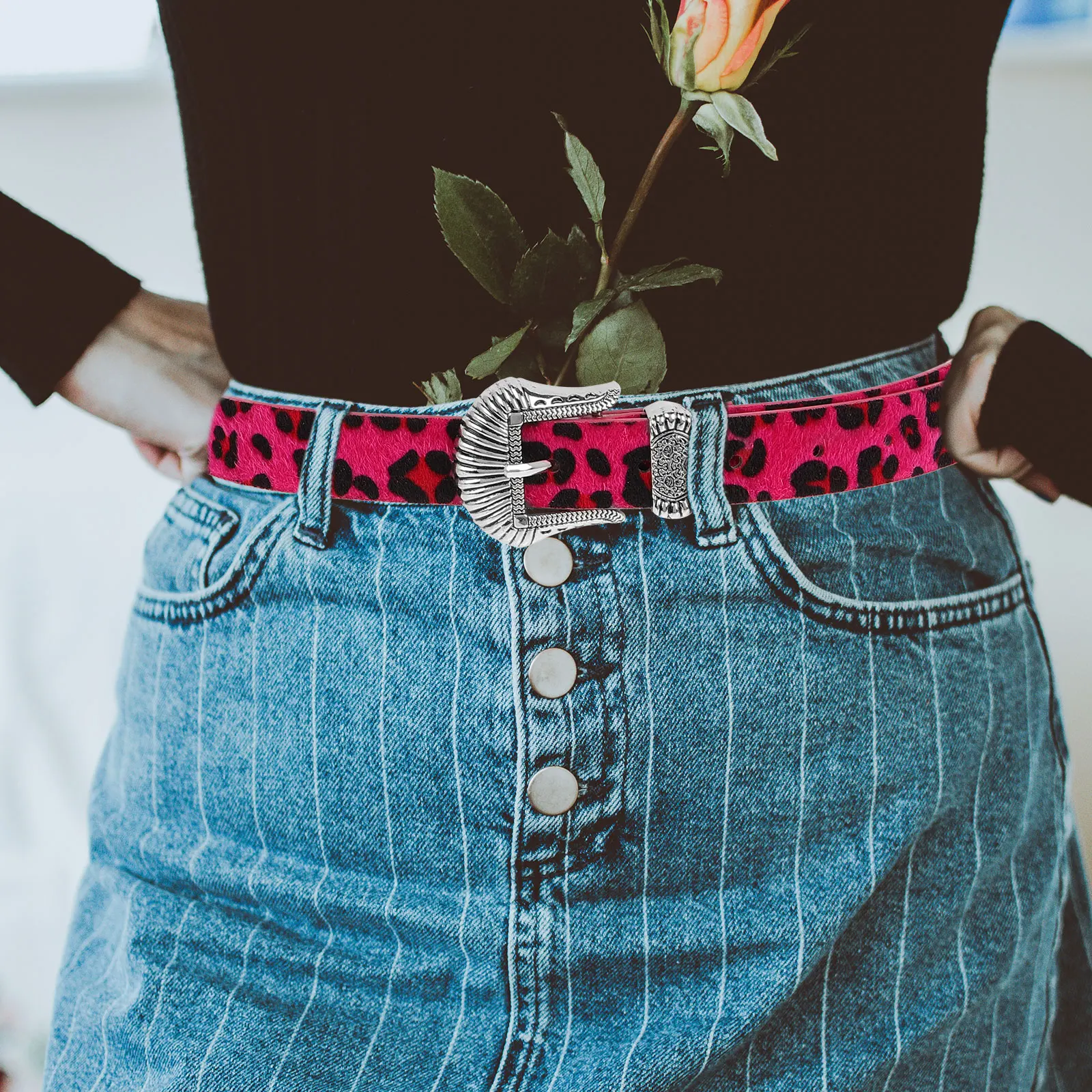 

Retro Leopard Print Belt Vintage Western Buckle Brown Cowgirl Belts for Women Fashion PU Faux Horsehair Animal Print Waist