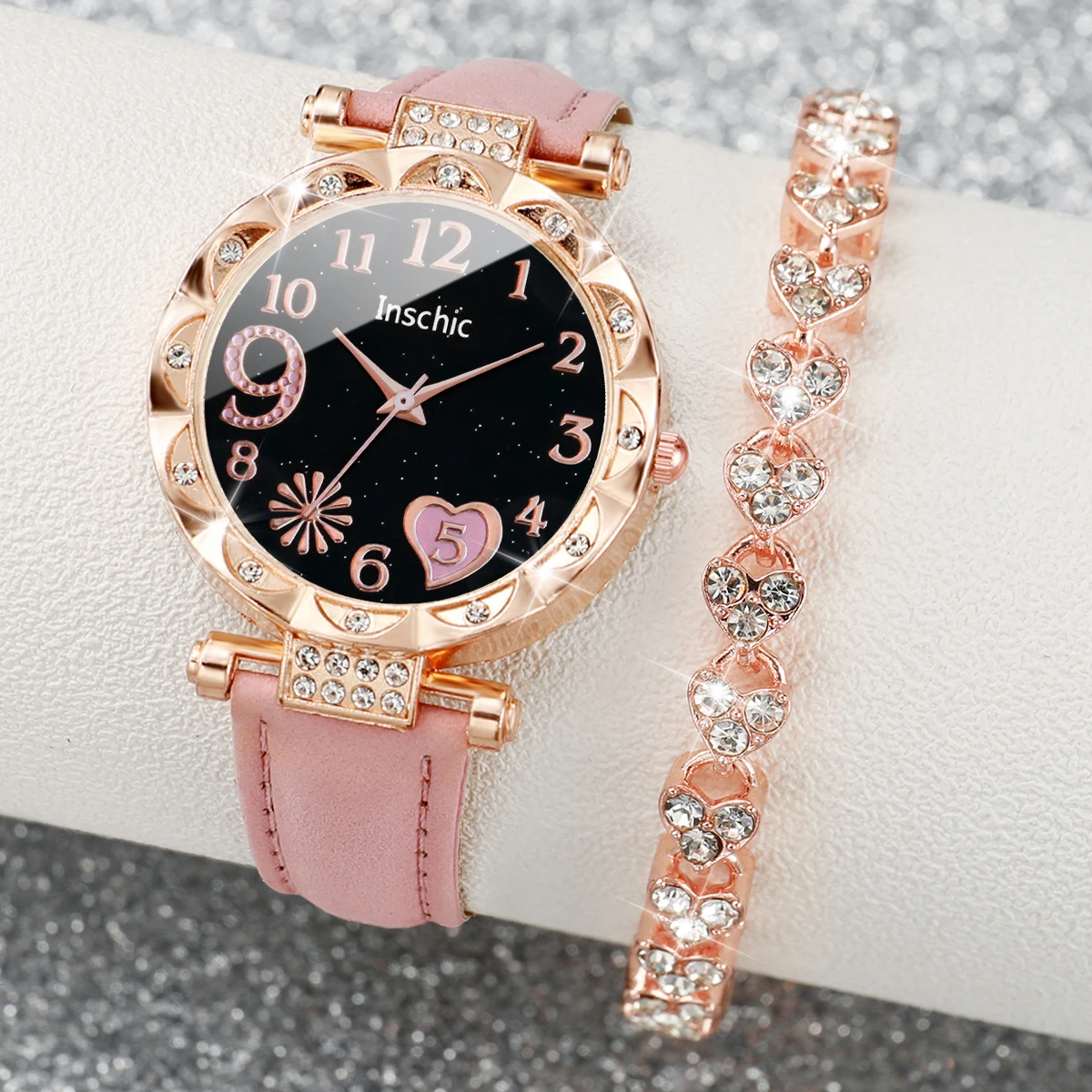 2PCS/Set Fashion Heart Dial Women\'s Watches Leather Band Quartz Watch Rhinestone Bracelet Set