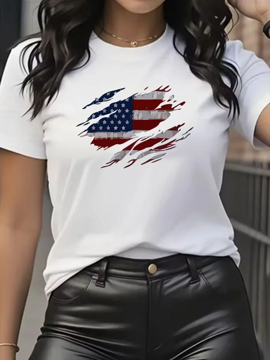 

women‘s Summer Casual Loose 100% Cotton Trendy American Flag Pattern Print Round Neck Short Sleeve T-shirt Top