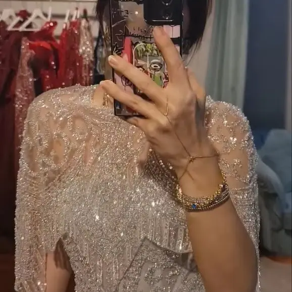 

Plus Size Vows Customized Evening Gown Sequins Embellished Removable Cape-neckline Beading Fully Gems Short Sleeve Formal Dress