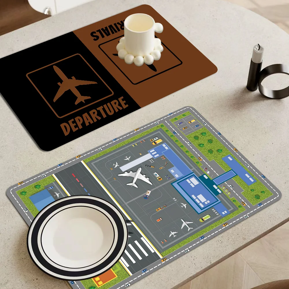 Arrivals Departures The Exit Airplane Airport Flight Draining Mat Drain Dish Mats Coffee Pad Resistant Placemat Dinnerware