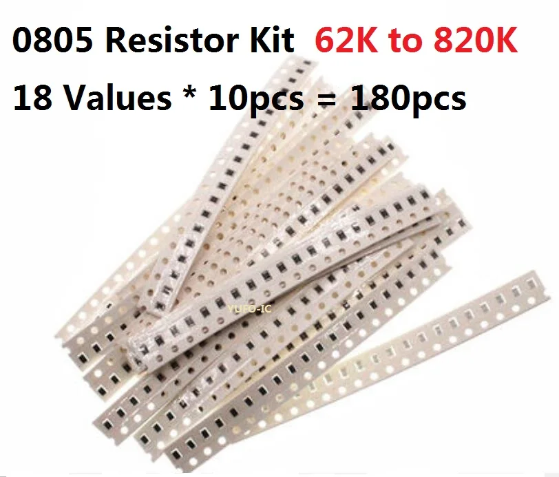 18 Values * 10pcs=180pcs  62K-820K 5% Resistance Assorted Kit Set 100k 200k 220k Chips Resistors Pack SMD 0805 Resistor Kit