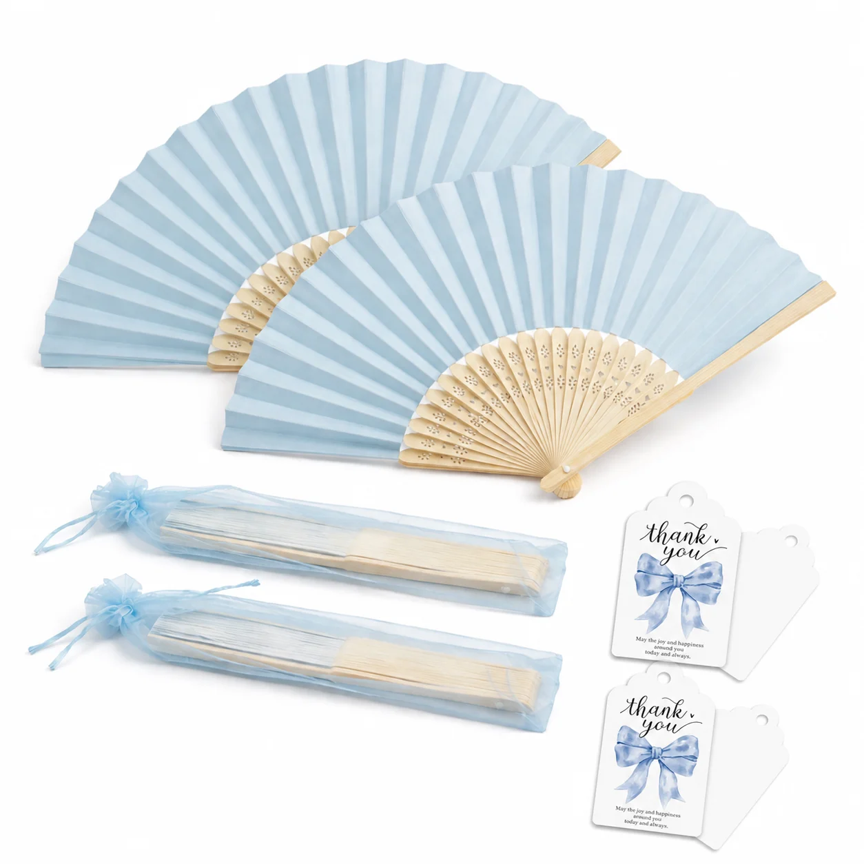 Lot de 30 éventails pliables bleu clair, avec sac en ruban et étiquette, cadre en bambou, pour mariage et rafraîchissement estival XJM