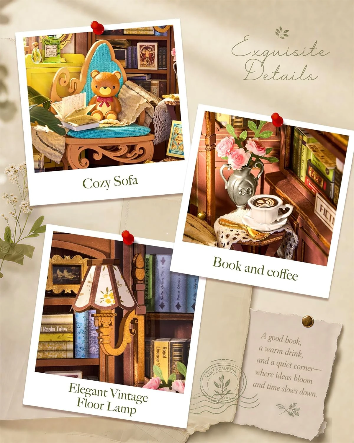 Book Nook Kit DIY 3D Puzzle Quiet Corner Study Bookstore Miniature Bookend with LED Touch Light Arts and Crafts Gift for Adults