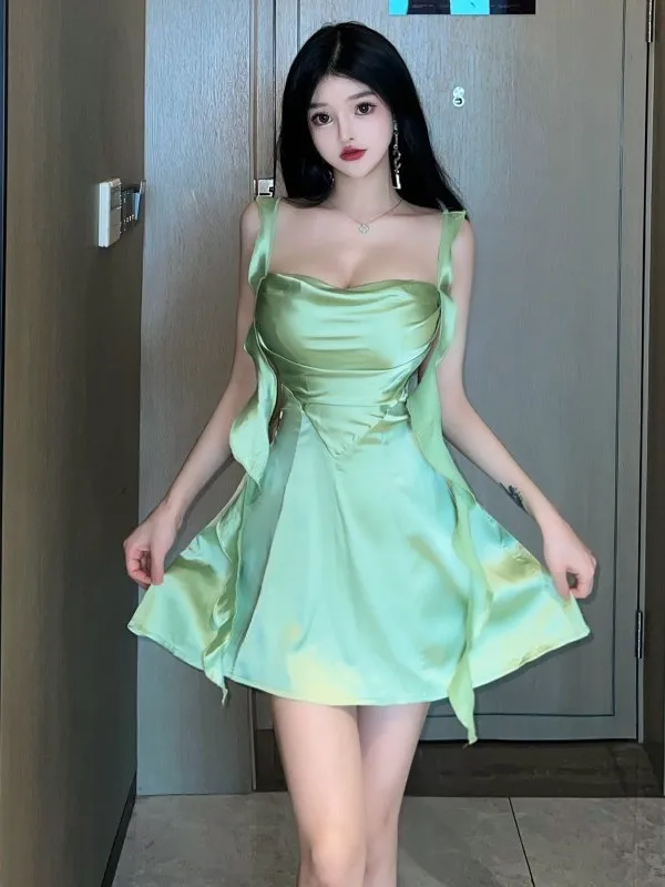 Sexy Pure Ruffles Ribbons Stunning Vacation Style Unique Suspender Dress Women Silk Green Tassels Fresh Mature Sweet New CBUM