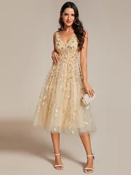 Ever Pretty V-Neck Leaf Sequined Sleeveless A-Line Midi Wedding Guest Dress Glittery Sequin Dress