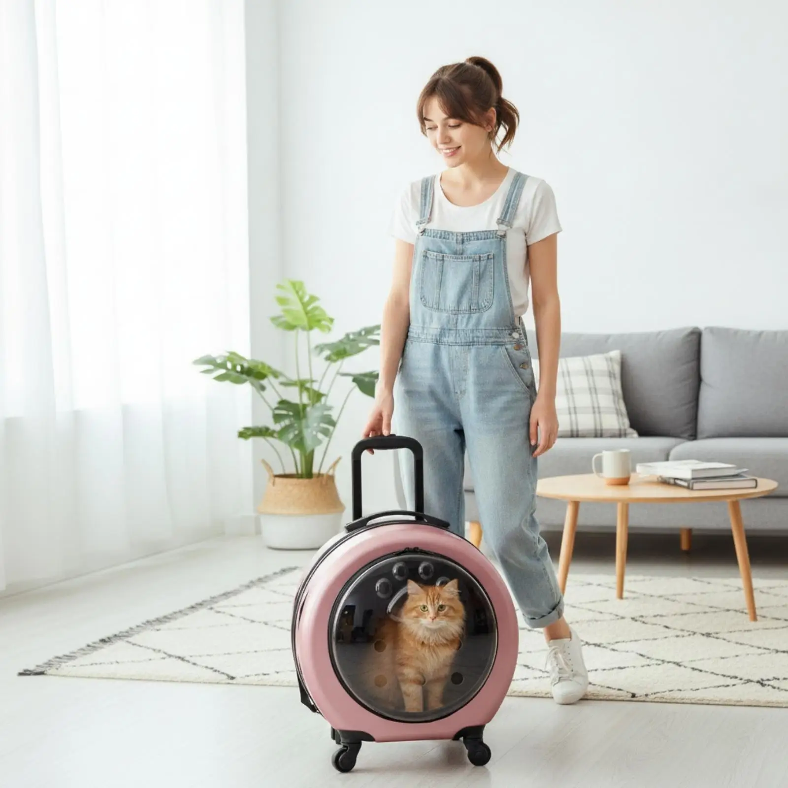 Rolling Pet Carrier Hard-Shell Pet Carrier with Wheels Transparent for Travel