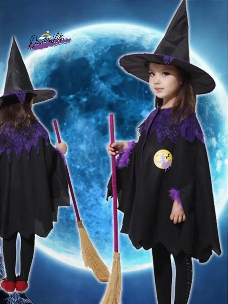 Fsia de Bruxa Infantil para loween, Conjunto de Capa e Vestido para Apresentação, Traje Tradicional para Meninas