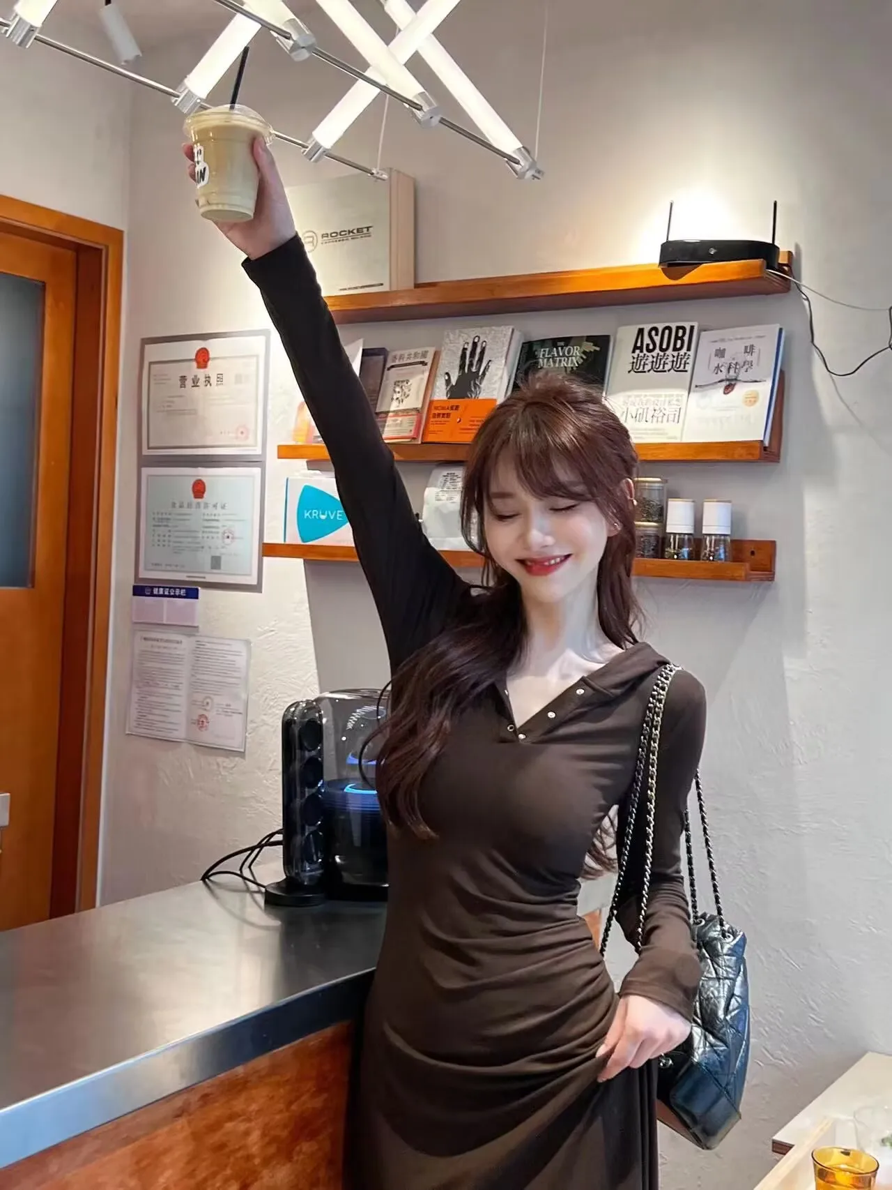 Kleider mit langen Ärmeln, ästhetische Herbst-Strickwaren für Damen, getäfelt, geknöpft, Smockwerk, Stehkragen, H-Linie, Grunge-Stil, Anti-Falten-Chic