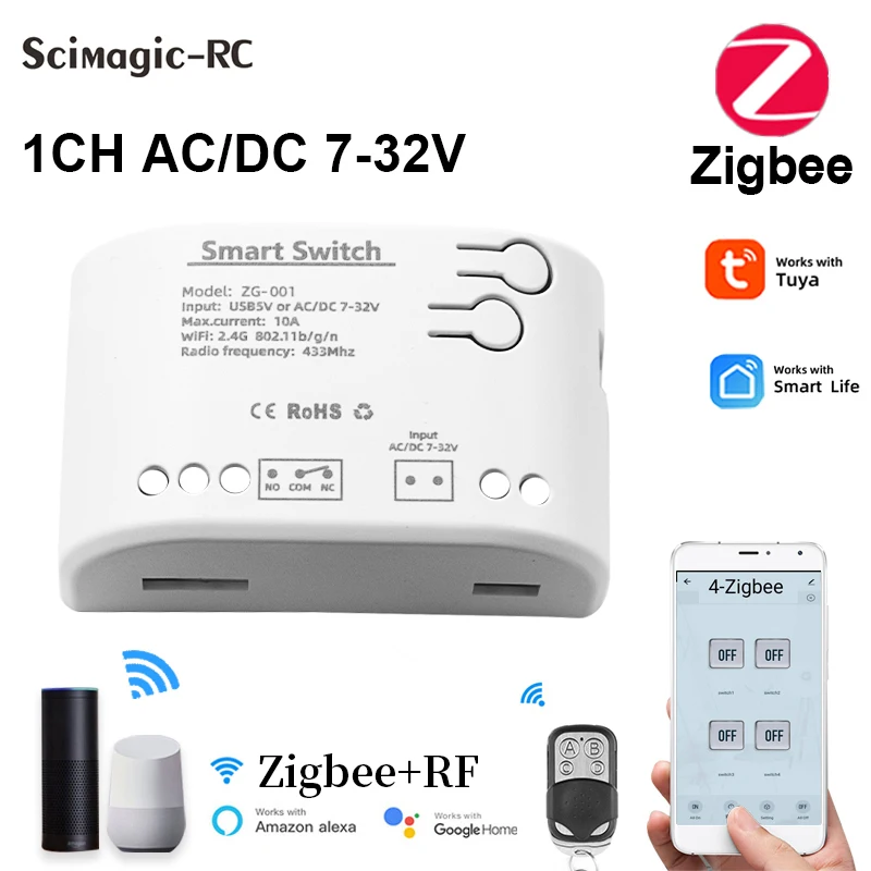 Zigbee 1 way Wireless WiFi Controllable Switch On-Off Breaker Module RF 433.92MHz Remote Control DC 12V 24V 32V 10A 1CH Relay