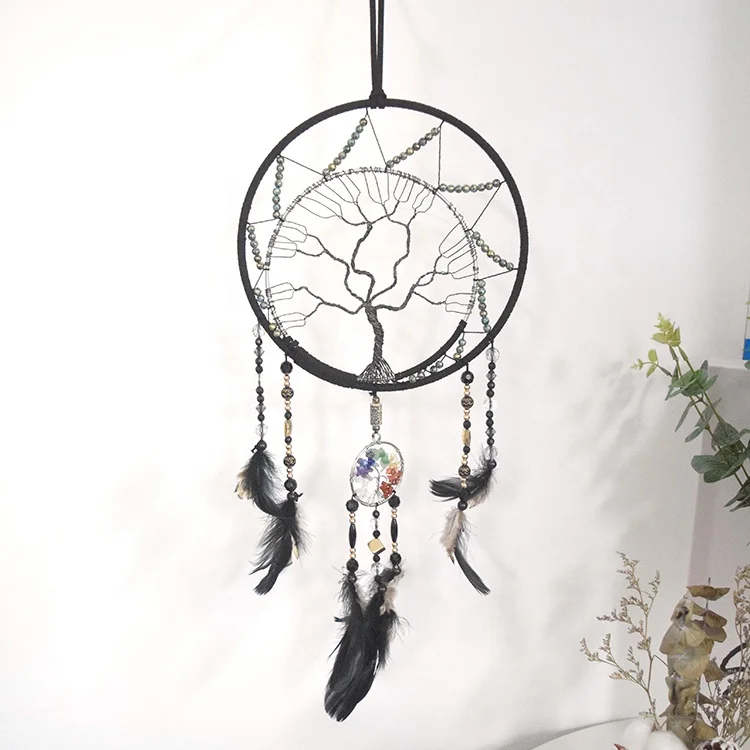 Handmade Wholesale Dream Catcher Home Decoration Black Feather Crafts Gems Tree of Life Dream Catcher