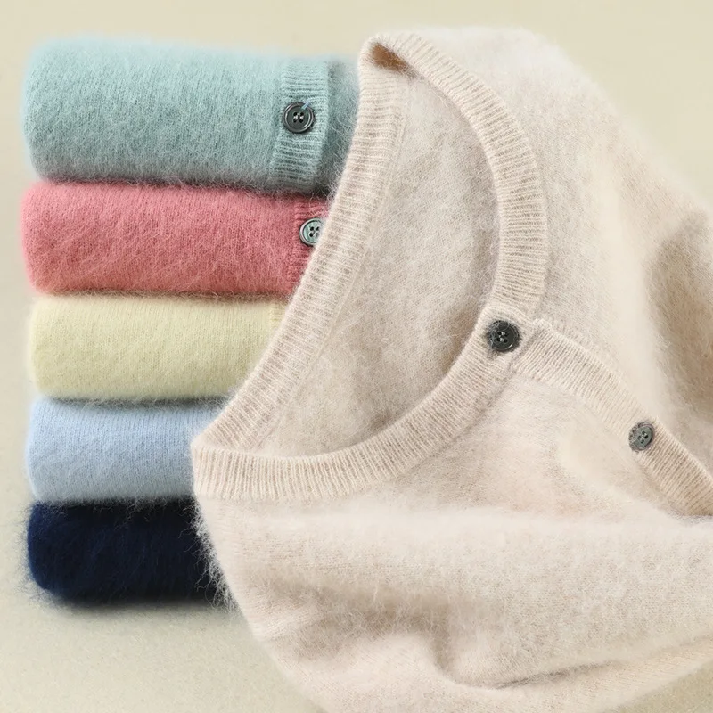 

Women Cardigan Warm Pure Mink Cashmere Sweaters O-neck Loose Coat Female Sweater Ladies' Jacket Solid Knit Cardigans 2025