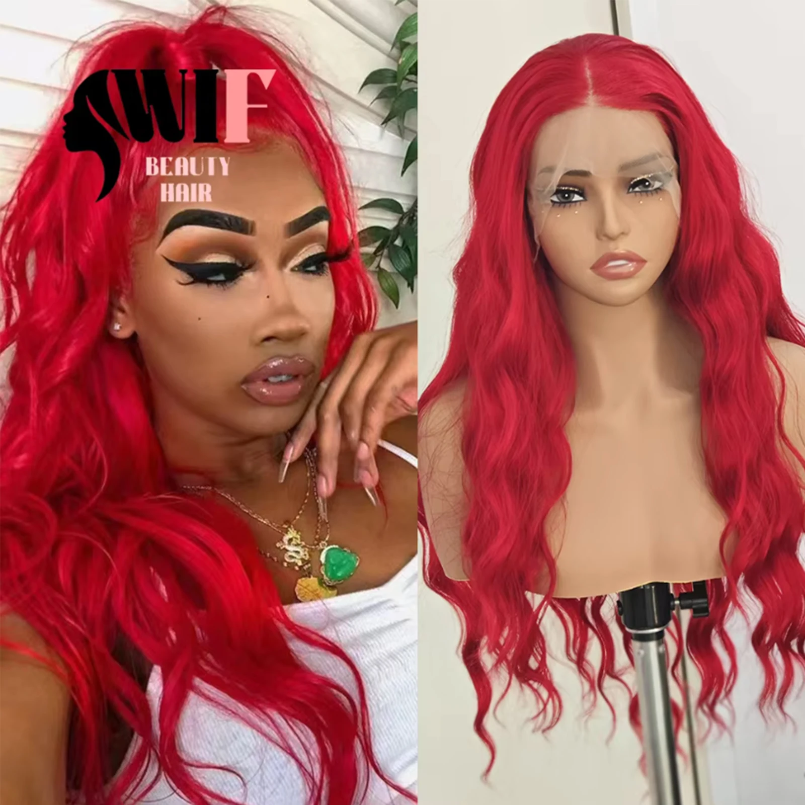 WIF Red Wave Synthetic Hair Cosplay Lace Wig Red Color Body Wave Heat Fiber Lace Front Wigs Natural Hairline Women Makeup Hair