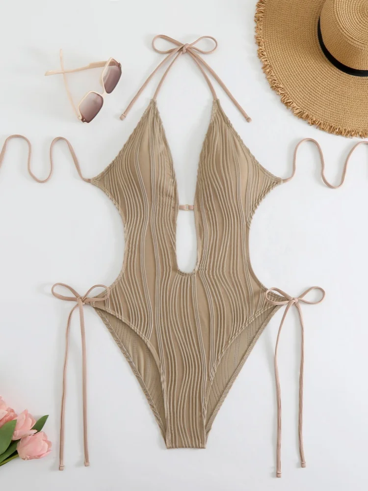 Women Textured Halter One‑Piece Swimsuit Deep V Cutout Side Tie Hollow Out High Cut Bathing Suit Swimwear for Beach Pool