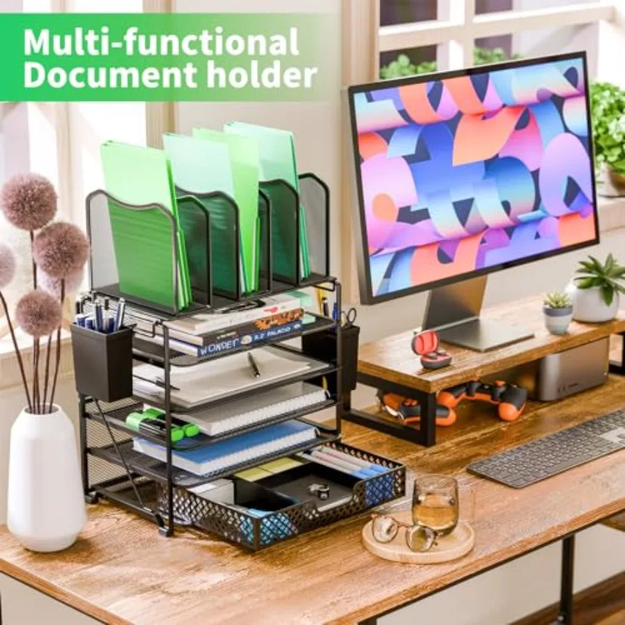 5 Tier Mesh Desk File Organizer with Sliding Drawer for Office and Home Use Black Efficient Paper Letter Tray Holder for Worksp