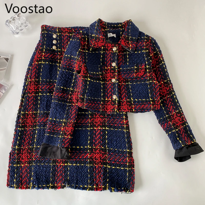 Spring Autumn Elegant Plaid Sets Women Vintage Turn-Down Collar Short Coats Long Skirts Suit Office Lady Temperament 2 Piece Set