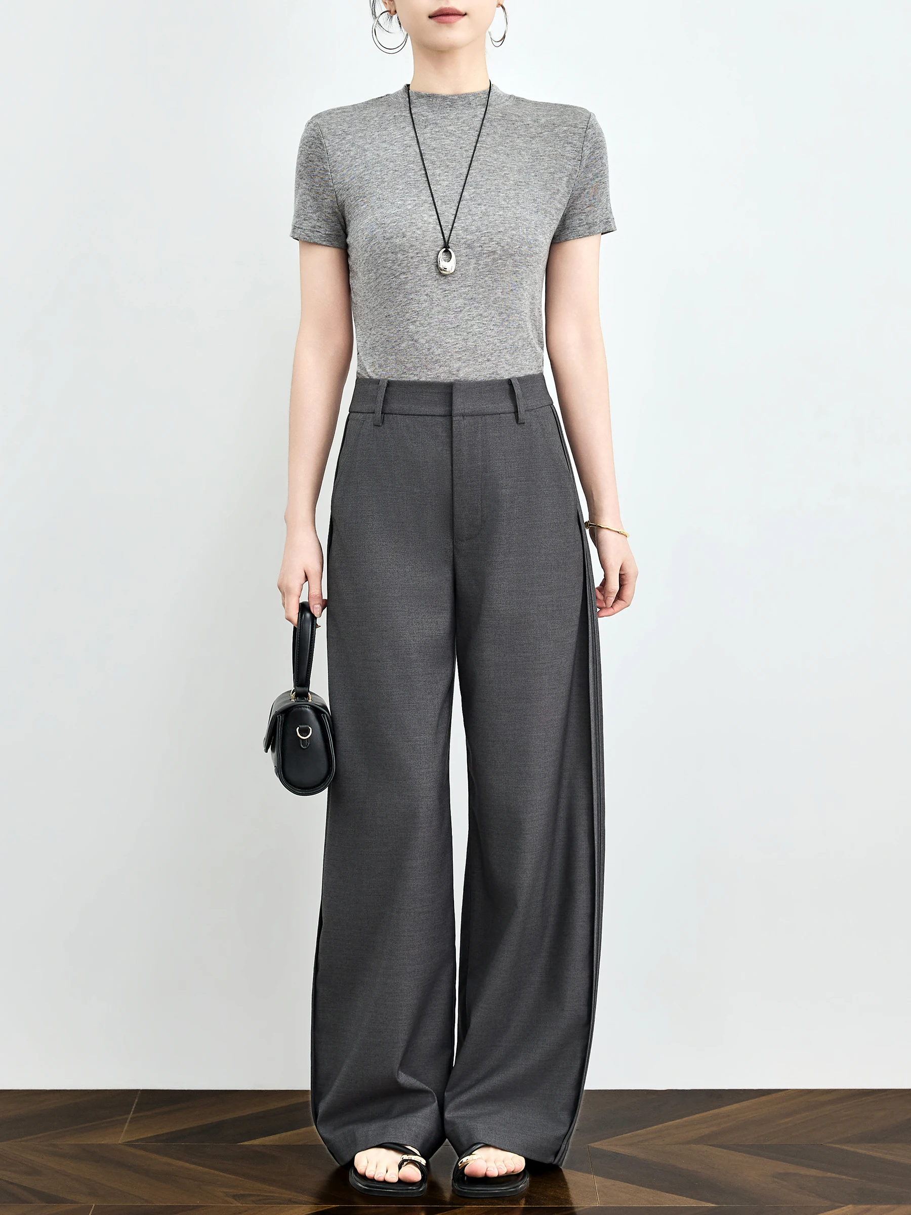 Gray Commuter Wide Leg Pants Women's Summer Thin Straight Loose Trousers High Waist Zipper Closure Formal Casual Polyester