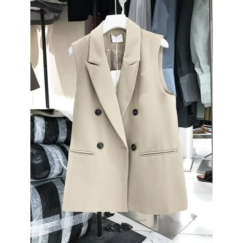 

Casual Black Suit Coats Peak Lapel Sleeveless Vests Women Fashion Elegant Oversize Korean Style Blazer Waistcoat Women Jackets
