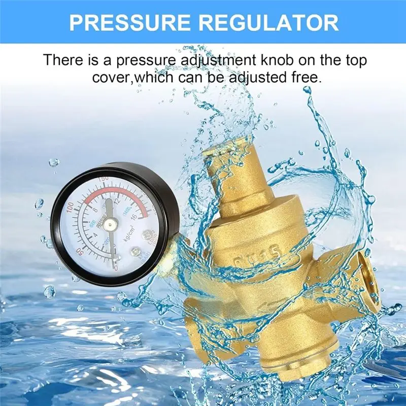 A96I-Water Pressure Regulator 1/2 Inch With Gauge, Hardness Brass, Adjustable Water Pressure Reducing Valve Water