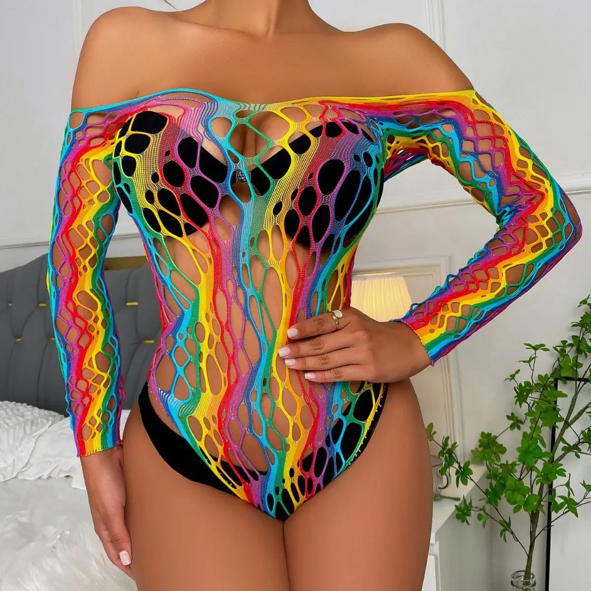 Amazon European and American sexy lingerie cross-border hip skirt rainbow color net clothing